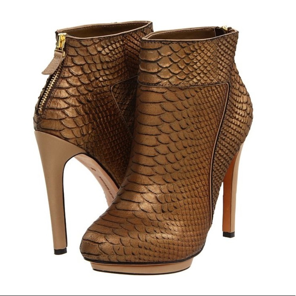 Badgley Mischka bronze snake embrossed booties